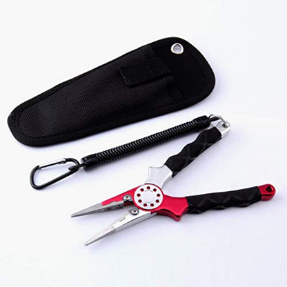 Professional Saltwater/Fresh Water Aluminum Fishing Pliers Tungsten Carbide Cutters Hook Remover with Sheath and Lanyard - color: Red.t