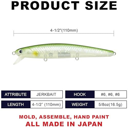 LUCKY CRAFT FlashMinnow 110 Ghost Series Saltwater Fishing Lures, Jerkbait for Halibut and Bass Fish, Slow Suspending 1–2 ft, Surf Fishing Gear and Tackle Box Accessories - color: 829 MS Ghost Ayu