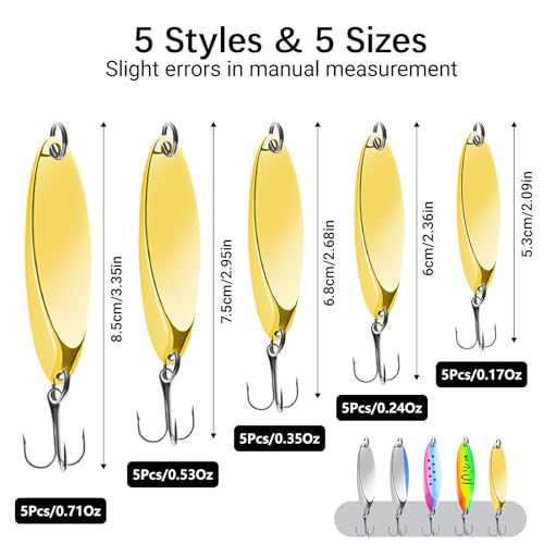Fishing Lures Fishing Spoons, 5pcs/25pcs/30pcs/50pcs Trout Lures Bass Lures Hard Metal Spinner Baits for Salmon Bass Trout - color: 25PCS-5g/7g/10g/15g/20g