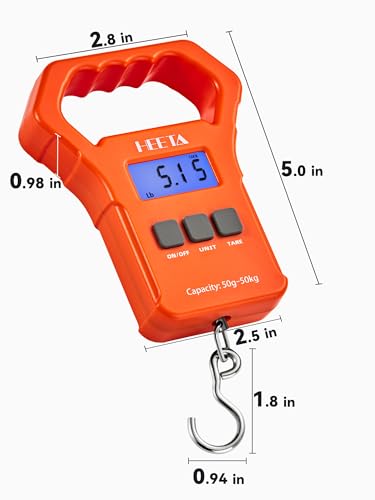 HEETA Fish Scale 110lb/50kg Digital Hanging Fishing Luggage Weight Scale | Portable with Backlit LCD Display, Hook & Non-Slip Large ABS Handle, Fishing Gifts Gear for Men, 2 AAA Batteries Included - color: Orange