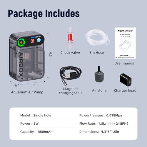 Live Bait Aerator,Ultra-Long Battery Life,Rechargeable Aquarium Air Pump 3w/24GPH(1800mAh Single Hole) IPX4 Magnetic Charging Design,Suitable for Fishing Enthusiasts,with Hose and Stone - size: Small