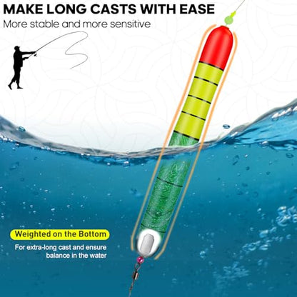QualyQualy Catfish Fishing Bobbers, Weighted Catfish Pole Floats/LED Fsihing Bobber, 3PCS High Visibility Wood Pole Fishing Float - color: D-Green Pole Float, size: 12"-3Pcs
