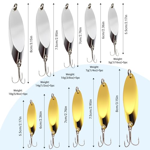 Fishing Lures Fishing Spoons, 5pcs/25pcs/30pcs/50pcs Trout Lures Bass Lures Hard Metal Spinner Baits for Salmon Bass Trout - color: Gold and Silver-50pcs