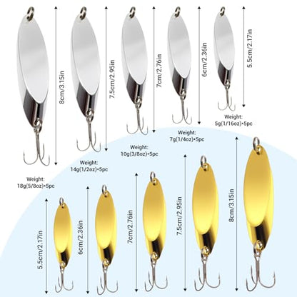 Fishing Lures Fishing Spoons, 5pcs/25pcs/30pcs/50pcs Trout Lures Bass Lures Hard Metal Spinner Baits for Salmon Bass Trout - color: Gold and Silver-50pcs