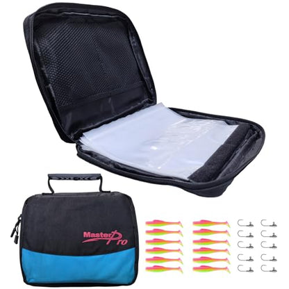 MASTERPRO Fishing Soft Lure Storage Bag with 10 Single Detachable Washable Plastic Pocket Sleeves, for Fishing Tackle Rigs Lines Baits Binder Bag Organizer - color: T-tail Pink
