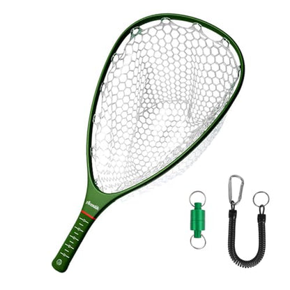 Aventik Fly Floating Fishing Net Carbon Fiber Landing Trout Net Light Weight Clear Rubber Ghost Net Catch & Release - color: Standard Green with Green magnetic release