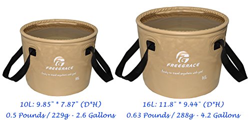 Freegrace Collapsible Bucket with Mesh Tool Pocket - 10L, 16L & 23L Portable Folding Water Container - Heavy Duty 500D Tarpaulin, BPA-Free Wash Basin for Camping, Fishing, RV, and Car Washing - color: Khaki