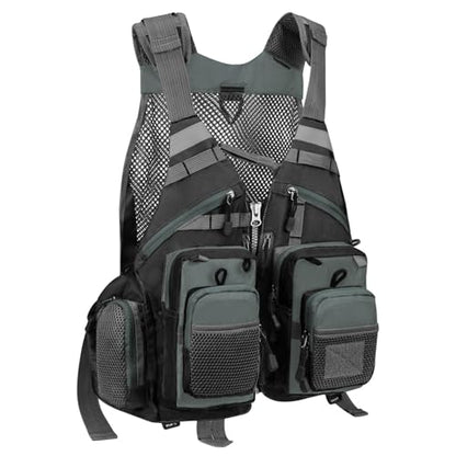 Gonex Fly Fishing Vest for Men Women, Comfortable Adjustable Fishing Vest with Multi-Pockets Reflective Stripes - color: Gray+black