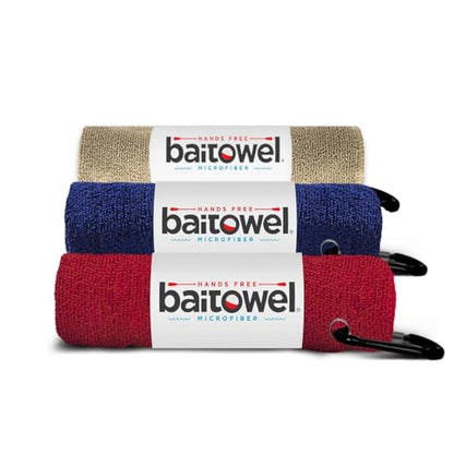 Bait Towel 3 Pack Fishing Towels with Clip, Plush Microfiber nap Fabric, 16x16, The Original Bait Towel Value 3 Pack - color: Sand-navy-red