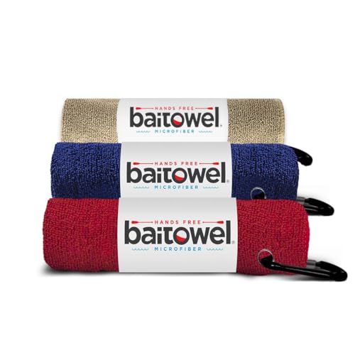 Bait Towel 3 Pack Fishing Towels with Clip, Plush Microfiber nap Fabric, 16x16, The Original Bait Towel Value 3 Pack - color: Sand-navy-red