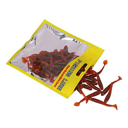 Tbest 50 Pcs 5cm Soft Fishing Lures, Plastic Fishing Bait T-Tail Grub Worm Baits Fish Tackle Accessory 9 Colors - color: Red