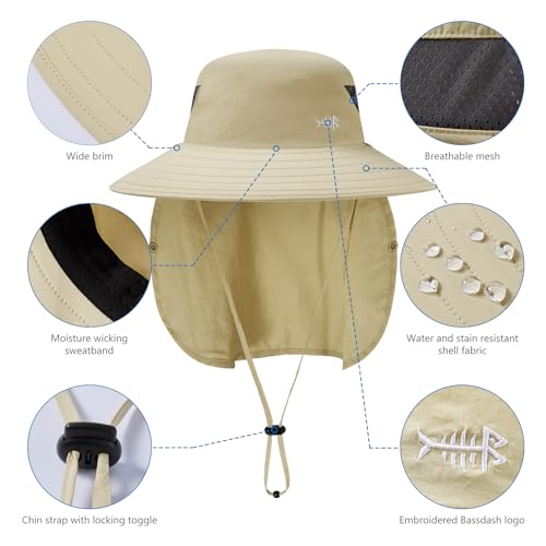 BASSDASH UPF 50+ Breathable Sun Hat with Removable Face Cover and Neck Flap Wide Brim Bucket Hat for Fishing Hiking Men Women - color: Cream