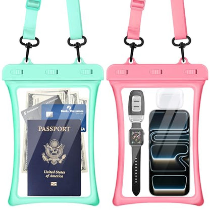 CACOE Floatable Waterproof Phone Pouch 2 Pack Up to 10.0",Pink+Green | Floatable, IPX8 Waterproof Phone Case,Adjustable Lanyard,Dry Bags for Beach/Cruise/Travel/Camping/Kayak/Vacation Essentials - color: Pink+Green, size: Up to 10.0"-Floatable