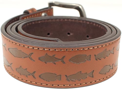 BC Belts Mens Fishing Leather Belt Strap and Metal Buckle 1.5" Wide with Snaps - Ocean Lake River Fishing Angler Bass - size: Small (28-30" Waist)