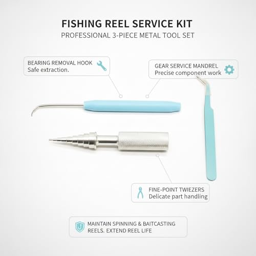 Fishing Reel Maintenance Tool Set, Metal Bearing Service Tool and Gear Service Kit for Spinning and Baitcasting Reels (Set of 3) - color: Silver