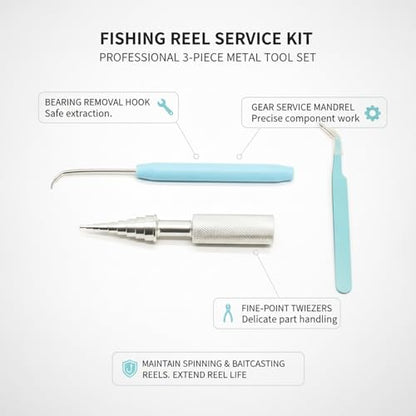 Fishing Reel Maintenance Tool Set, Metal Bearing Service Tool and Gear Service Kit for Spinning and Baitcasting Reels (Set of 3) - color: Silver
