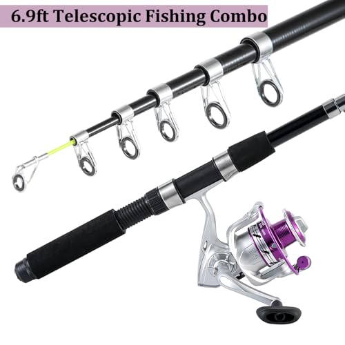Tripquips Fishing Pole Combo, 6.9ft 2Pcs Telescopic Rods Set, Collapsible Fishing Rods, 2PCS Spinning Reel Set with Carrier Bag Freshwater Fishing Rod and Reel Combos Kits - color: Blue & Purple Fishing Combos