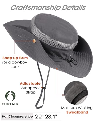 FURTALK Sun Hats for Men Women UPF Sun Protection Breathable Wide Brim | Nylon UV Protection, Breathable Adjustable, 2-in-1 Wide Brim, Packable Water-Resistant, Fishing Hiking Summer - color: Dark Grey