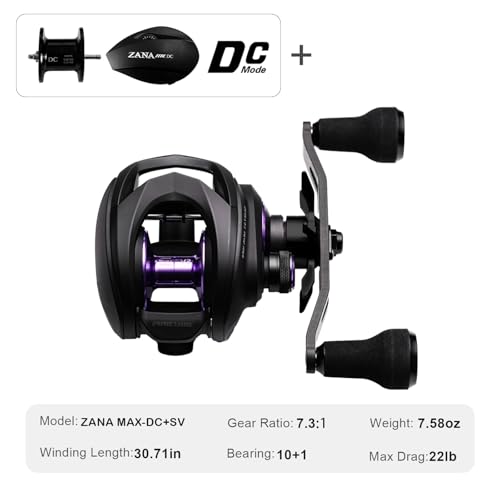 PURELURE Zana MAX Baitcasting Reel, SV+DC Dual Brake System Fishing Reel with Extra DC Side Cover+DC Spool, 7.3 Gear Ratio 22LB Drag Anti-Backlash Aluminum Frame Baitcaster Reels for Bass Pike - size: ZANA MAX-22LB, style: Right Hand