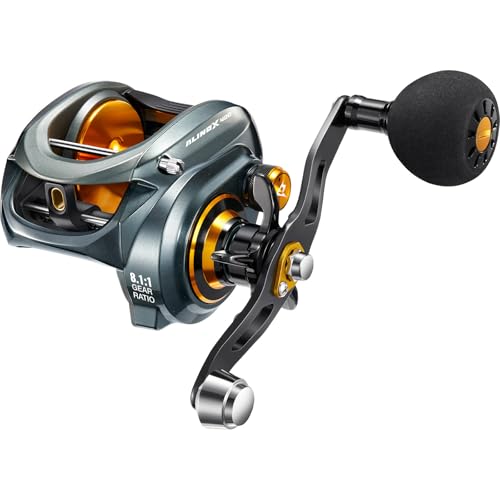 Piscifun Alinox 400 Baitcaster Fishing Reel, 38Lbs Max Drag Aluminum Alloy Frame Baitcasting Reel, Available in 6.6:1/8.1:1 Gear Ratio, Freshwater and Saltwater Low Profile Casting Reel for Musky - color: Gray - 8.1:1, style: Left Hand Retrieve