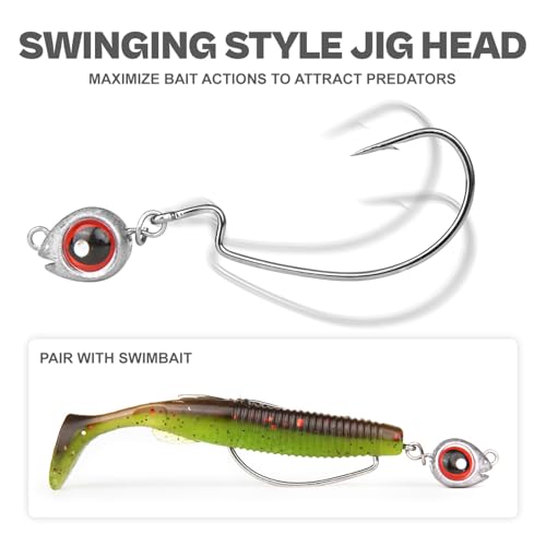 15-Sets Detachable Fish Head Swimbait Jig Heads - Weedless EWG Hooks Kit for Fishing (15 Fish Eye Weights + 15 Hooks) - size: Assorted (1/8oz-3/8oz)
