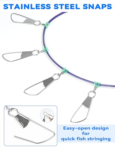 BLUEWING V2 Fishing Stringer Fish Keeper with 10 Stainless Steel Lock Snaps and 8ft Floating Rope - color: Purple