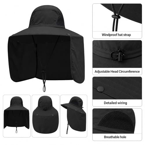HUAMULAN Women Large Brim Sun Hat with Neck Flap, Men Quick Dry Hiking Fishing Safari Hat UPF 50+ - color: Black Solid