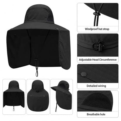 HUAMULAN Women Large Brim Sun Hat with Neck Flap, Men Quick Dry Hiking Fishing Safari Hat UPF 50+ - color: Black Solid