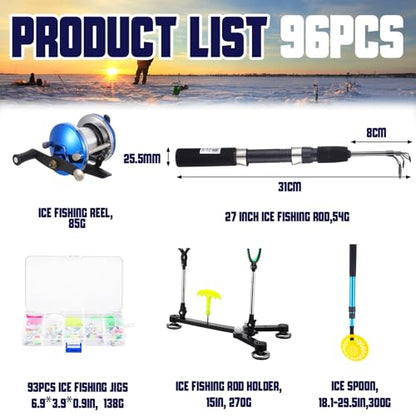 Hungdao 96 Pcs Ice Fishing Gear with Ice Fishing Rod, Reel Combo, Jigs, Cleats, Rod Holder for Men Outdoor Gifts