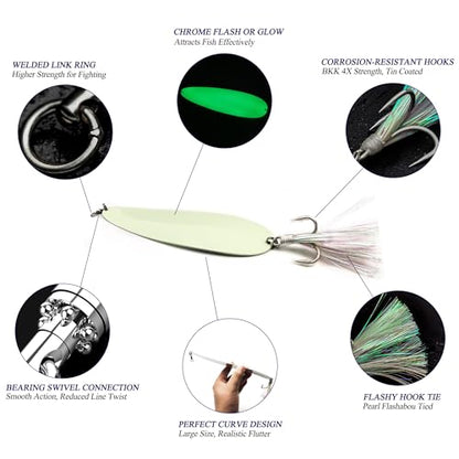 Magnum Flutter Spoon Jigging Lures, 8-9 Inch Large Hard Metal Sinking Trolling Casting Striper Fishing Spoon Baits for Striped Bass, Salmon, Walleye, Saltwater, Freshwater, Deep Sea Fishing - color: Classic - White Large Spoon, size: B - 9" Classic - 4.7o