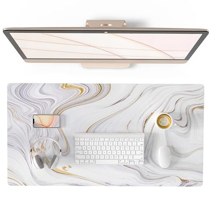 QIYI White Mouse Pad, Cute Marble Large Desk Mat, PU Leather Desk Protector Mousepad, Gold Grey Striped Waterproof Computer Keyboard Gaming Mouse Pads, Non Slip Extended Writing Pad 31.5" x 15.7" - color: Luxury Marble Ink, size: 31.5" x 15.7"