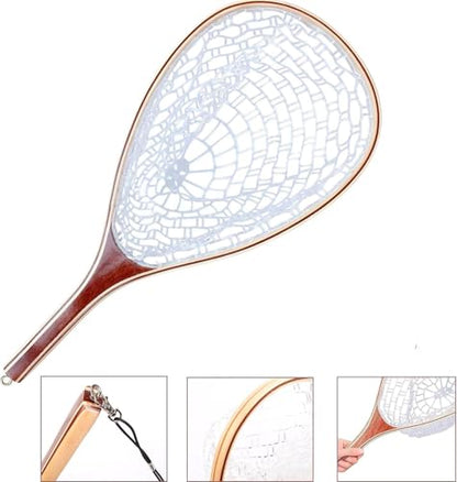 Wooden Frame Fly Fishing Net with Soft Rubber Mesh,Low-Weight Landing Net for Trout & Bass,Catch-and-Release Design for Stream and River Fly Fishing