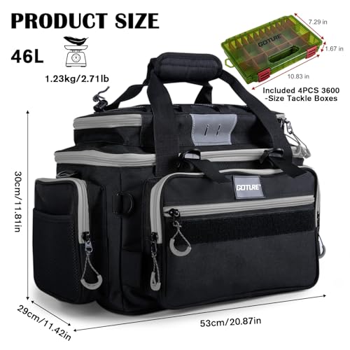 Goture Fishing Tackle Bag with 4pcs 3600 Tackle Boxes, 600D Water-Resistant Soft Side Saltwater Gear Storage Fishing Bag with Rod Straps, Detachable Water Bottle Pouch, Waterproof Bottom, SBS Zippers - color: C2:Black Gray with 4 3600 Tackle Boxes, size: