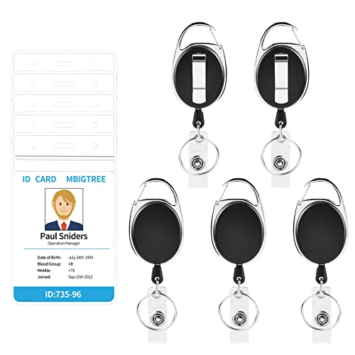 5 Pack ID Badge Holder,Badge Holder Retractable Clip with Carabiner Reel Clip and Key Ring for Men and Women - style: Black-5pcs with ID hold
