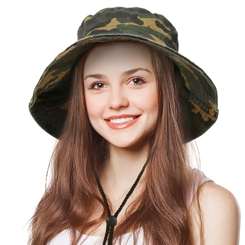 Men's Bucket Hat Camo Outdoor Sun Protection, Breathable Quick-Dry Fishing Gardening Hiking Hat ,UPF50+ Cotton Wide Brim - color: Dark Camouflage