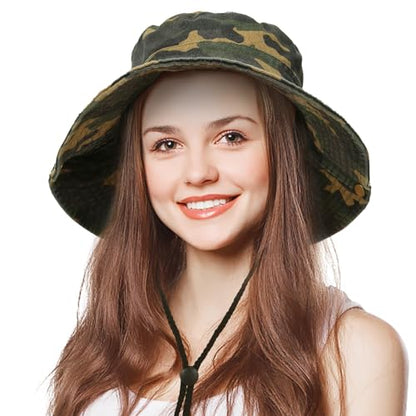Men's Bucket Hat Camo Outdoor Sun Protection, Breathable Quick-Dry Fishing Gardening Hiking Hat ,UPF50+ Cotton Wide Brim - color: Dark Camouflage