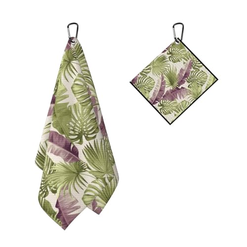 Green Tropical Leaves Golf Towel for Golf's Bags Carts Monstera Golf Towels with Clip Botanical Plants Waffle Towels Palm Tree Cleaning Cloth 2 Packs for Men Golfer, Birthday Present - color: Purple