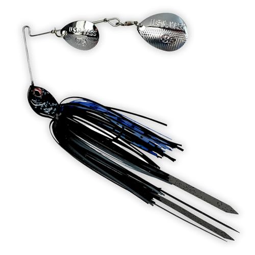 USA BASS Tackle Apache Attack Spinnerbait Type II Largemouth Smallmouth Spotted Bass Premium Fishing Bait Handtied Skirt Custom Blades Heavy Duty Hook New for 2025 - color: Black & Blue, size: 1/2oz - Colorado/Colorado
