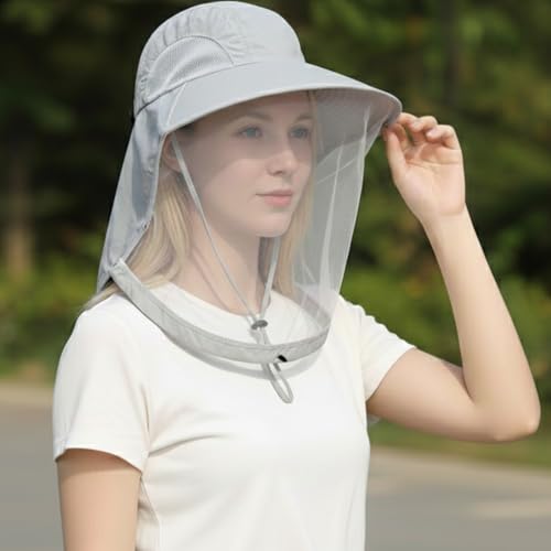 Mosquito Fishing Safari Mesh Net Hat with Neck Flap, Sun Protection Women Men Bug Cap, Hidden Netting Boonie - color: Light Gray