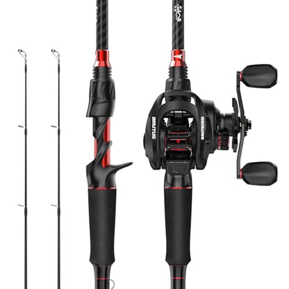 KastKing Brutus Twin-Tip Fishing Rod and Reel Combo, Baitcaster, Spinning & Spincast Combo, IM6 Graphite 2-Piece Rod with Backup Tip Section, EVA Handle, Durable & Sensitive, Freshwater Fishing - size: Right Handed Reel,6'6" M(2 Pcs + Extra Tip), style: B