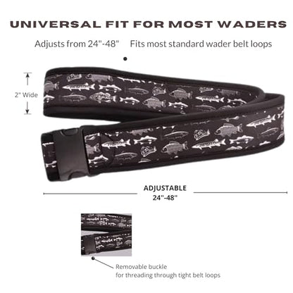 O’Pros Premium 2” Neoprene Adjustable (24” to 48”) Wading Belt – Fishing Wader Belt - color: Black & White Fish