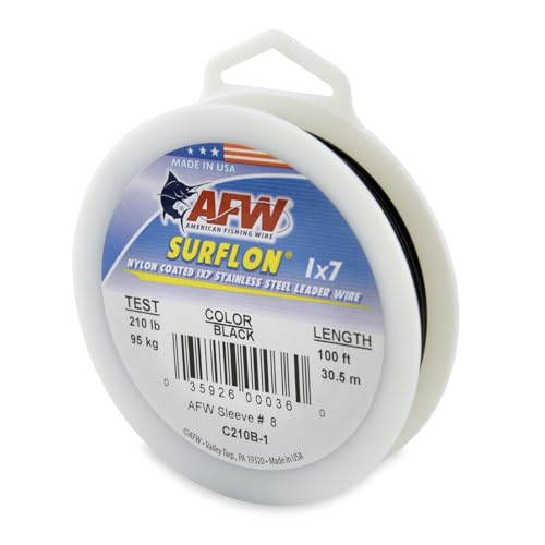 American Fishing Wire Surflon Nylon Coated 1x7 Stainless Steel Wire Leader - Wire Fishing Leader Line for Saltwater 10lb Up To 250lb Test in Bright, Black, Camo in 30ft, 100ft, 300ft, & 1000ft Lengths - color: Black, style: 100 Feet, 210 Pound Test