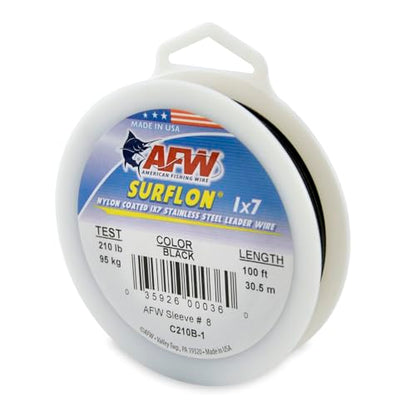 American Fishing Wire Surflon Nylon Coated 1x7 Stainless Steel Wire Leader - Wire Fishing Leader Line for Saltwater 10lb Up To 250lb Test in Bright, Black, Camo in 30ft, 100ft, 300ft, & 1000ft Lengths - color: Black, style: 100 Feet, 210 Pound Test
