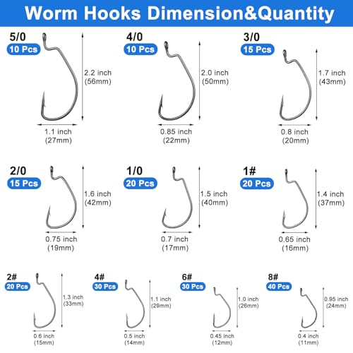 210 Pcs Fishing Hooks, Worm Hooks for Bass Fishing, Ewg Hooks for Soft Plastic Baits in Saltwater or Freshwater #8#6#4#2#1 1/0 2/0 3/0 4/0 5/0