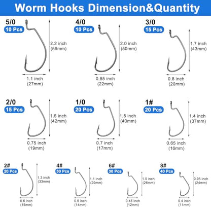 210 Pcs Fishing Hooks, Worm Hooks for Bass Fishing, Ewg Hooks for Soft Plastic Baits in Saltwater or Freshwater #8#6#4#2#1 1/0 2/0 3/0 4/0 5/0