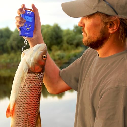 Dr.meter Fish Scale Luggage Scale Fishing Gear - 110lb Backlit LCD Display Digital Scale with Built-in Measuring Tape - Fishing Scale with 2 AAA Batteries, Pocket Size - Fishing Gifts for Men - color: Blue