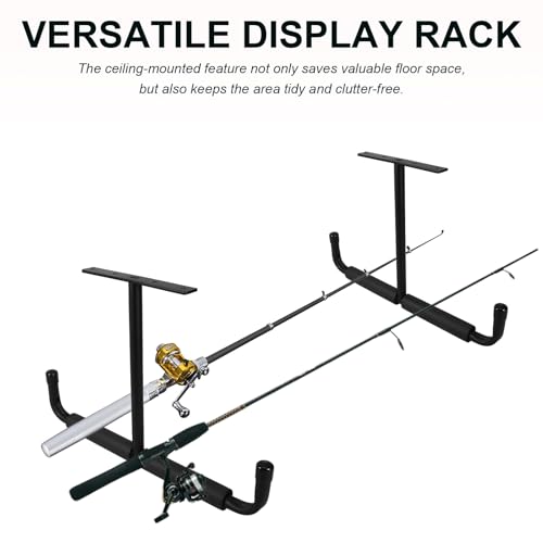 Heavy Duty T-shaped Ceiling Mounted Bike and Fishing Rod Storage Rack with Double Sided Hooks, Black Steel Garage Hanging Organizer for Kayak and Skateboard