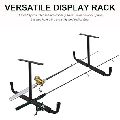 Heavy Duty T-shaped Ceiling Mounted Bike and Fishing Rod Storage Rack with Double Sided Hooks, Black Steel Garage Hanging Organizer for Kayak and Skateboard