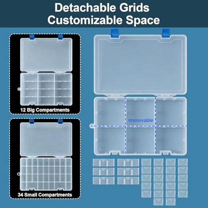 Qualsen 3 Pack 34 Grid Plastic Organizer Box with Adjustable Dividers, Fishing Tackle Box and Bead Organizer Box for Jewelry, Screw, Earrings, Art Craft, Tools, Fishing Hooks, and Small Accessories - size: 34 Gird-3pcs