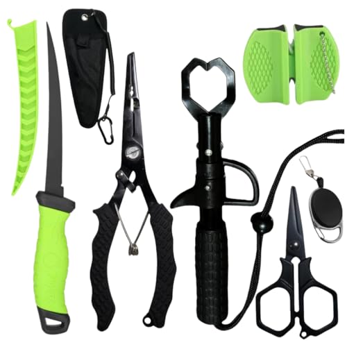 Pro Fishing Gear Fishing Tool Set, Fishing Pliers with Lanyard, Fish Lip Gripper, Fillet Knife, Fishing Braid Scissors, Nylon Sheath, Retractable Tool Tether, Sharpener, Fishing Gifts for Men - color: Green+Black